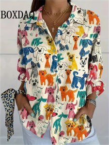 New Womens Spring Shirt Fun Puppy Graffiti Print Long Sleeve Shirts Fashion Party Lapel Button Down Casual Long Sleeve Blouses