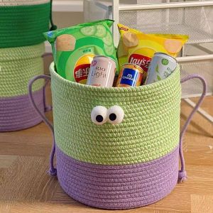 Cartoon Woven Storage Basket with Lid Circular Cute Animal Toys Organizers with Handle Cotton Rope Desktop Snack Clothes Storage