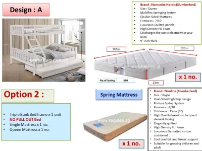 White Triple Bunk Bed with Pull Out Bed Single + Queen bunk bed wooden bunk bed double decker FREE DELIVERY & INSTALLATION