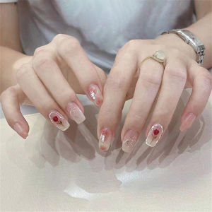 FenHuan 【local Delivery】24 Pieces Flowers French Butterfly Wearing A Cats Paw Love Pink Blue Gradient Wind Blush Manicure Fake Nails Short Long Finished Nail With Glue