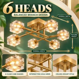 Crystal Cube Ceiling Light 4 6 8 10 Heads Gold Tone Modern Geometric Fixture for Dining Living Room
