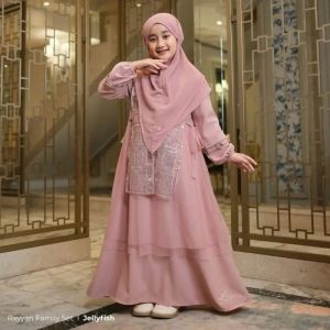 Gamis Anak Rayyan Dress Kids Bahan Ceruty Babydoll Mix Brukat Full Furring Tile Layer Pakaian Muslim Anak