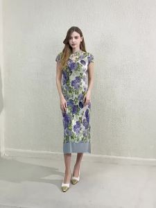 2113-2 One Size (45-75kg) New Chinese Style Pleated Print Cheongsam WomenS Summer Short Sleeve Waist-Controlled Sheath Dress