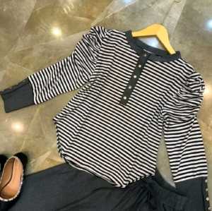 ( Promo Cuci Gudang ) Calista Set Jumbo Motif Salur Bahan Knit Import Kerah Kancing Busui Celana Kulot Wanita Korean Style