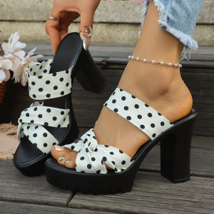 Chunky High-Heeled Slippers For Women 2026 Summer New Fashion Polka Dot Thick-Soled Large Size Sandals For Women