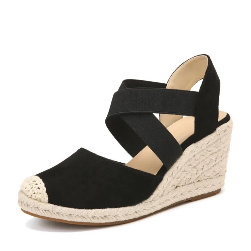 Women's Closed Toe Espadrilles Wedge Sandals, Comfortable Cross Strap Slip  On Heels, Casual Outdoor Fabric Shoes