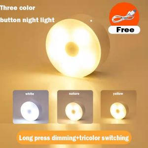 LED Night Light  Three-Color Stick Tap Push Lamp Night Light Rechargeable Stick-On Push Light