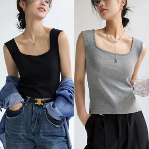 2Pcs Anti-exposure Threaded Auspender Vest Female Summer Square Collar Bottoming Shirt Wide Shoulder Strap Sleeveless Top