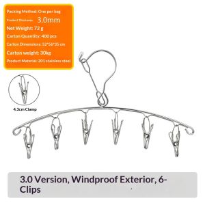 Móc thép treo quần áo bằng inox chắc chắn với 6 kẹp chống gió để phơi khô vớ và quần áo nhỏ sử dụng ngoài trời trong nhà