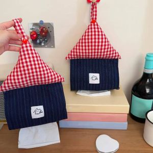 BEBA House Shape Hanging Tissue Bag Cartoon Red Plaid Tissue Storage Holder Universal Cute Portable Tissue Cover Bathroom
