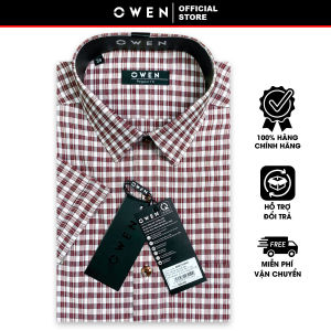 OWEN SALE - Áo Sơ Mi Owen Tay Ngắn Màu Đỏ Đậm  Họa Tiết Caro Form Regular Fit Lai Bầu Chính Hãng