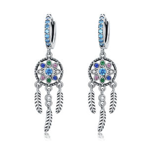 BAMOER Bohemia Dream Catcher Hanging Drop Earrings for Women 925 Sterling Silver Fashion Jewelry Gifts SCE713
