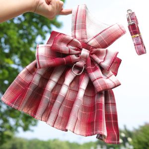 CHLOCH Adjustable Dog Dress Set Mesh Breathable with Traction Rope Dog Harness Cute Comfortable JK Plaid Skirt for Small Girl Dogs