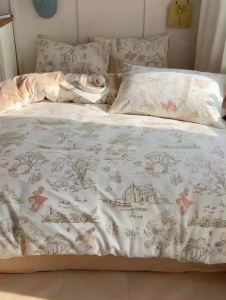 French Retro Leopard Print Washed Cotton Feel Four-Piece Set Single and Double Bedding Student Duvet Cover Three-Piece Set Bed Sheet LZD