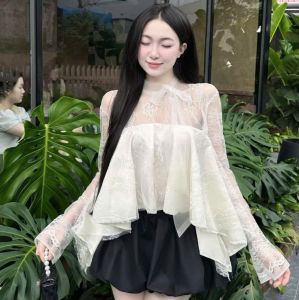 Set tiểu thư đi tiệc đồ công sở áo Lưới tay dài thắt nơ form babydoll cách điệu mix quần Bí