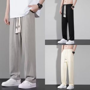 Z1BEE【M-5XL】 Mens Plus Size New Ice Silk Pants Thin Straight Leg Casual Sport Pants Comfortable Breathable for Spring and Autumn