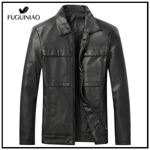 Fuguiniao Leather Jacket Mens jacket Button Lapels Casual Wear Fashion PU leather Bomber Jacket Mens clothing