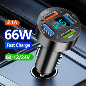 DC 12V-24V 66W QC3.0+PD 4 USB Port Smart Car Phone Charger Plug Fast Chargers 5 In 1 Digital Display Car Charger