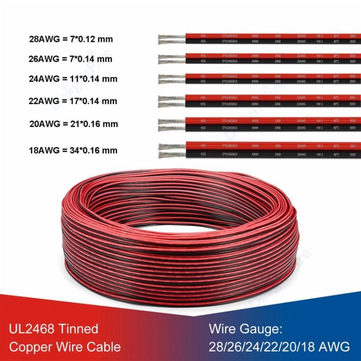 UL2468 2 Pin Electrical Wires 28/26/24/22/20/18 AWG Red Black Flat