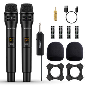 JAMELO 2 PCS Wireless Microphone UHF Dual Cordless Professional Microphone System with Rechargeable Receiver