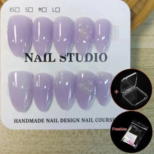 100% Handmade Short Almond shape Jelly purple With Transparent Heart Fake Nail set With Glue &  malism Simple Artificial Nails Phototpy Press on Nails Reusable and Removed