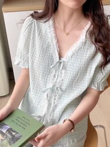 ins Summer French Style R Pajamas Suit Sweet Lace High-Grade Short Sleeve Ladies Homewear ㏇L0514