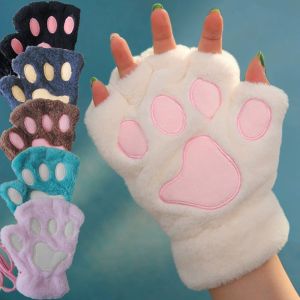 Kawaii Women Warm Cat Gloves Fashion Girls Cat Claw Paw Plush Mittens Soft Plush Short Fingerless Half Finger Winter Gloves