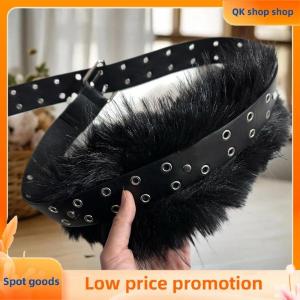 ✨QK shop✨ New Retro Punk Y2K Fluffy Faux Fur Waist Belt Women Fashion Accessories PU Leather Waistband Gothic Style