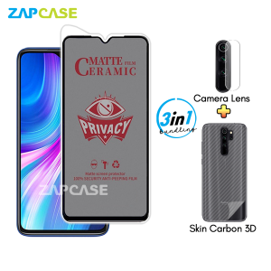 Paket 3in1 Anti Gores Layar Privasi Xiaomi Redmi Note 8 Pro Free Tempered Glass Camera dan Skin Carbon