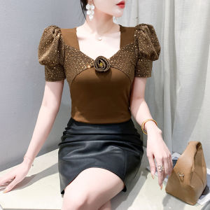 YIMEI เสื้อยืดแขนพอง2025สำหรับผู้หญิงผ้าคอตตอนด้านบนสีเขียวลายดอกไม้สามมิติสวยต่อต้านริ้วรอยสำหรับฤดูร้อน