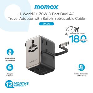 Momax UA30D 70W GaN Travel Adapter | Built-in Retractable Cable | Worldwide Universal Plug 6-Device Fast Charger