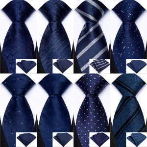 Classic Mens 8cm Tie Set Navy Polka Dot Stripes Tie for Men Wedding Business Party Fashion Design Quality Hanky Necktie Set