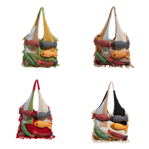 Trendy Patchwork Fish Pattern Oversized Knit Bag Multipurpose Carryall For Daily Use Laptop Books Cosmetics Practical Polyester Construction