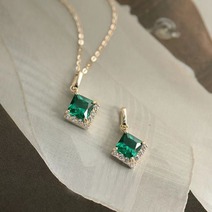 Emerald Zircon Pendant Necklace Sterling Silver Plated with 14K Gold
