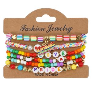 COSE Rainbow Rainbow Bracelet Set Love Heart Ceramic Beaded Bracelets Unique Bohemian Bead Hand Rope Ladies