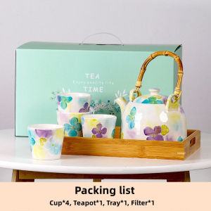 OMK Japanese Style Hand Painted 6PCS Set Ceramic Tea Set Suitable for 4 People Teapot 1PCS Cups 4PCS Bamboo Tray 1PCS