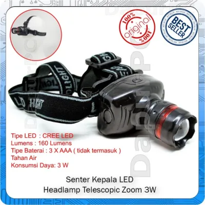 Senter Kepala Headlamp Telescopic Zoom Outdoor 3W