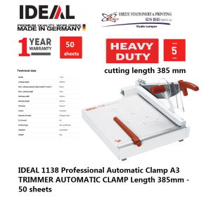IDEAL 1138 Professional Automatic Clamp A3 TRIMMER AUTOMATIC CLAMP Length 385mm - 50 sheets (Pemotong Kertas Paper Cutter Paper Cutter Paper Trimmer Heavy Duty Cutter A4 paper cutter A3 paper cutter)