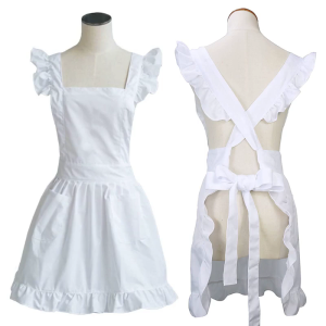 Womens Girls Ruffles Outline Retro White Apron Adjustable Victorian Bib Maid Cosplay Kitchen Cake Baking Cooking Cleaning Costume with Pockets