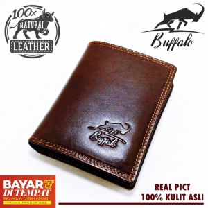 Buffalo Dompet Pria 100% Kulit  Slot Kartu Banyak Model Lipat Dua atau 2 Double Casual Vintage Lengkap Ukuran Standar - Coklat Brown Cokelat