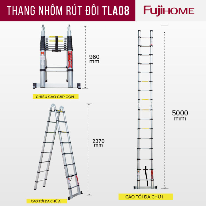 Thang nhôm Inox rút gọn chữ A 4.4M- 5M- 5.6M nhập khẩu FUJIHOME, thang ...