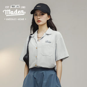 MADEN brand workwear style womens and youth 2024 summer new embroidered Cuban collar shirt loose design short sleeved niche casual top with layered thin shirt