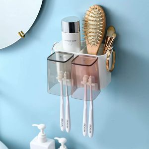 HOME BEST 1pc 2 Cups Wall Mounted Toothbrush Holder Wash Hanging Cup Toilet Rack Automatic Toothpaste Dispenser Bathroom Organization Shampoo Shower Shelf Space Saving Rak Berus Gigi FZ1-0114