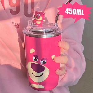 450ml Disney Lotso Stainless Steel Coffee Cup Thermal Mug Pink Strawberry Bear Water Bottle Travel Tumbler with Straw Cups Drinkware New In
