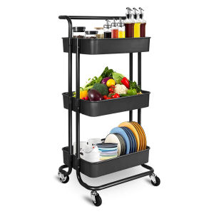 Heavy Duty Multifunctional 3-Tier(BLACK)Rolling Trolley Utility Cart Storage Shelves Trolley with Mesh Basket and Wheels
