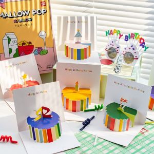 LIFE SHOPS Handwriting 3D Birthday Cake Cards Invitation Thank You Birthday Greeting Cards Kawaii Folding Birthday Pop-Up Cards Party Accessories