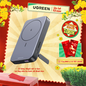 Sạc dự phòng không dây Ugreen 10000mAh | Sạc 3 thiết bi cùng lúc (Type C USB A)| Chân giá đỡ gập gọn | Bảo hành 18 tháng | 15086