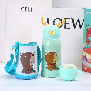 🌟ฟรี!! กระเป๋าสะพาย + ฝาคู่แบบหลอดดูด/เทถ้วย🎁ครบชุด!! กระติกน้ำเด็ก กวางน้อย🦄เก็บอุณหภูมิ 500ml