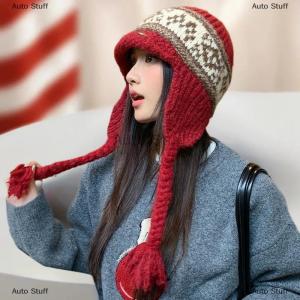 [COD] Auto Stuff หมวกผ้าแจ็คการ์ดแบบถักสำหรับผู้หญิงหมวกอบอุ่นป้องกันหูแนววินเทจหมวกคลุมศีรษะกันลม