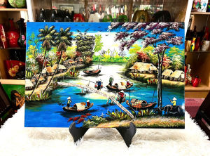 Tranh sơn mài đồng quê vẽ màu đẹp Thanh Bình Lê hàng xuất khẩu 40x60 cm